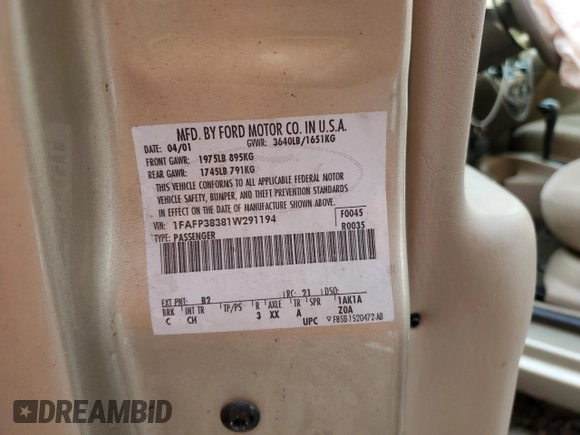 2001 Ford Focus ZTS with VIN 1FAFP38381W291194, listed as a Copart auction lot 43190085 with 131,339 mi miles and Salvage Title. Bid and sale history available at carsss.com. Image 12.