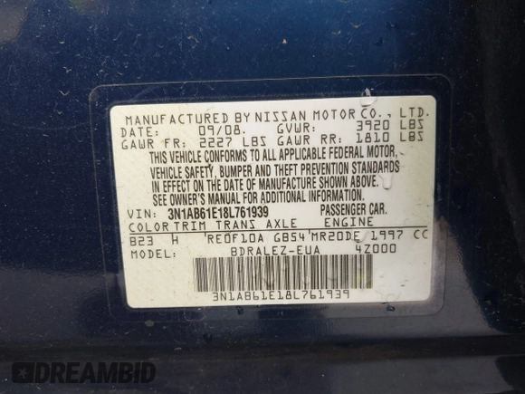 2008 Nissan Sentra S with VIN 3N1AB61E18L761939, listed as a IAAI auction lot 42566772 with 84,290 mi miles and . Bid and sale history available at DreamBid. Image 9.