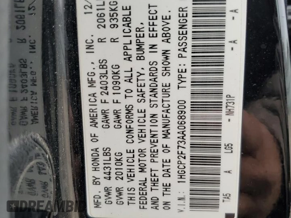 2010 Honda Accord EX z VIN 1HGCP2F73AA068900, wystawiony jako Copart lot #48890105 z przebiegiem 253 819 mil mil oraz Szkoda całkowita • Salvage title. Historia ofert i sprzedaży dostępna na DreamBid. Obrazek 15.