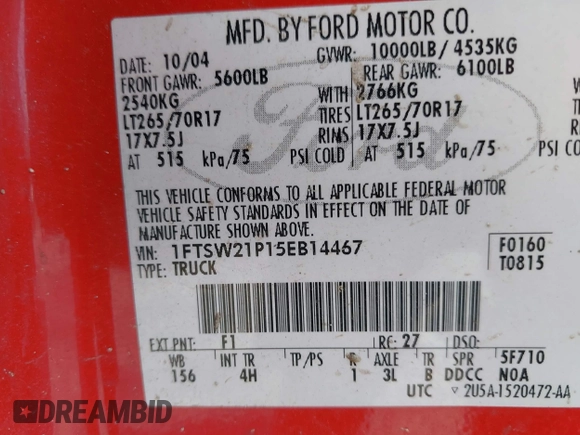 2005 Ford F-250 XL z VIN 1FTSW21P15EB14467, wystawiony jako IAAI lot #42254849 z przebiegiem 191 434 mil mil oraz . Historia ofert i sprzedaży dostępna na DreamBid. Obrazek 9.