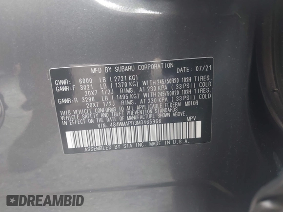 2021 Subaru Ascent Limited with VIN 4S4WMAPD3M3465966, listed as a IAAI auction lot 42316384 with 55,997 mi miles and . Bid and sale history available at DreamBid. Image 9.
