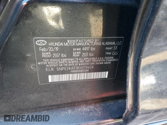 2019 Hyundai Sonata SE with VIN 5NPE24AF1KH779604, listed as a Copart auction lot 48901155 with 74,963 mi miles and Salvage Title. Bid and sale history available at DreamBid. Image 12.
