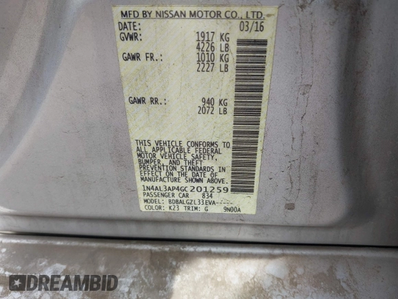 2016 Nissan Altima SR with VIN 1N4AL3AP4GC201259, listed as a IAAI auction lot 42173893 with 129,866 mi miles and . Bid and sale history available at carsss.com. Image 9.