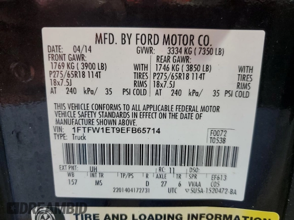 2014 Ford F-150 XL with VIN 1FTFW1ET9EFB65714, listed as a Copart auction lot 53198915 with 83,927 mi miles and Salvage title. Bid and sale history available at DreamBid. Image 15.