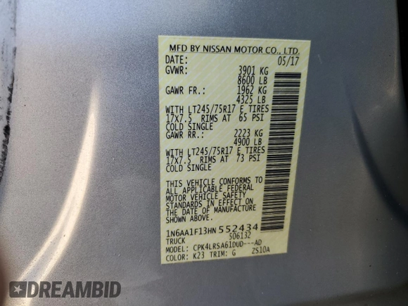 2017 Nissan Titan with VIN 1N6AA1F13HN552434, listed as a Copart auction lot 83294434 with 199,500 mi miles and Salvage title. Bid and sale history available at DreamBid. Image 12.