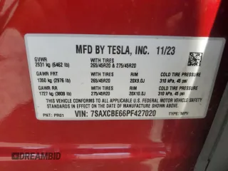 2023 Tesla Model X Plaid with VIN 7SAXCBE66PF427020, listed as a Copart auction lot 53890405 with 30,575 mi miles and Salvage Title. Bid and sale history available at DreamBid. Image 14.