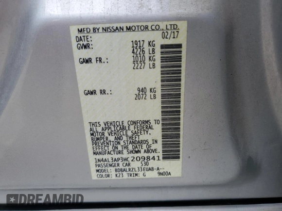 2017 Nissan Altima SL with VIN 1N4AL3AP3HC209841, listed as a Copart auction lot 57486595 with 200,668 mi miles and Salvage title. Bid and sale history available at DreamBid. Image 12.