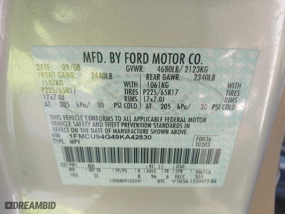 2009 Ford Escape Limited with VIN 1FMCU94G49KA42830, listed as a IAAI auction lot 41815033 with 91,952 mi miles. Bid and sale history available at carsss.com. Image 9.