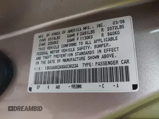 2006 Acura TL with VIN 19UUA66246A036224, listed as a IAAI auction lot 42023897 with 140,141 mi miles. Bid and sale history available at carsss.com. Image 9.