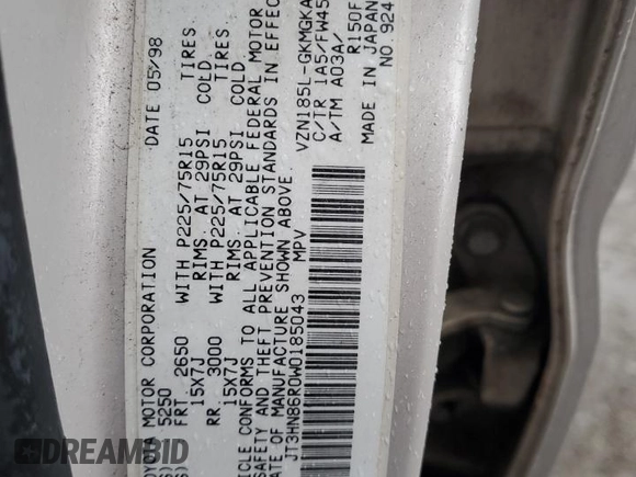 1998 Toyota 4Runner SR5 z VIN JT3HN86R0W0185043, wystawiony jako Copart lot #43425065 z przebiegiem 195 992 mil mil oraz Szkoda całkowita • Salvage title. Historia ofert i sprzedaży dostępna na DreamBid. Obrazek 12.