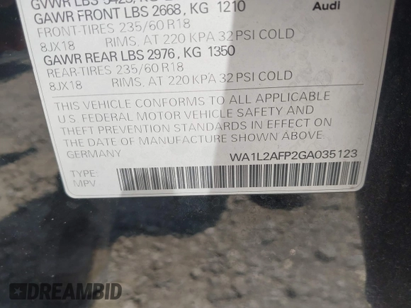 2016 Audi Q5 Premium Plus с VIN WA1L2AFP2GA035123, выставлен на аукционе IAAI как лот 42595797 с пробегом 138 961 миль миль и . История ставок и продаж доступна на DreamBid. Изображение 9.