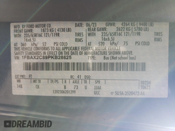 2023 Ford Transit Passenger XL with VIN 1FBAX2C89PKB28625, listed as a Copart auction lot 79552174 with 6,212 mi miles and Salvage Title. Bid and sale history available at DreamBid. Image 13.