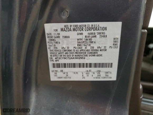 2010 Mazda Tribute Touring with VIN 4F2CY9C72AKM02952, listed as a Copart auction lot 84197854 with 0 mi miles and Salvage Title. Bid and sale history available at carsss.com. Image 14.