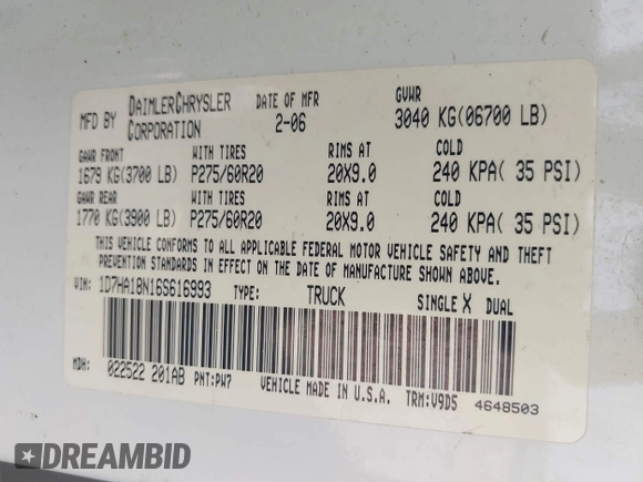 2006 Dodge 1500 SLT z VIN 1D7HA18N16S616993, wystawiony jako IAAI lot #42030201 z przebiegiem 153 562 mil mil oraz . Historia ofert i sprzedaży dostępna na DreamBid. Obrazek 9.