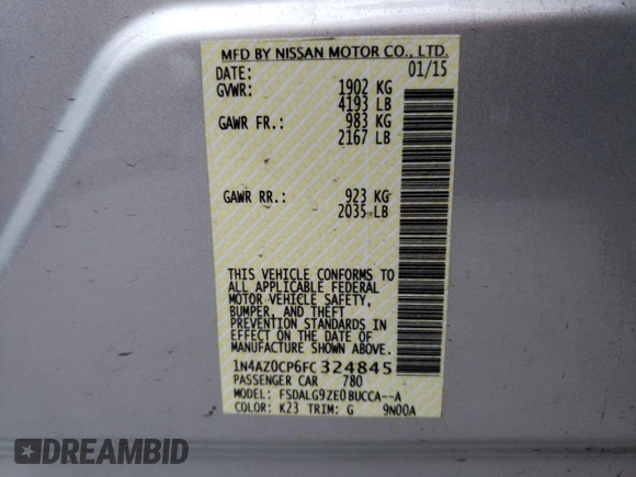 2015 Nissan LEAF SV with VIN 1N4AZ0CP6FC324845, listed as a Copart auction lot 43324283 with 53,815 mi miles. Bid and sale history available at carsss.com. Image 12.