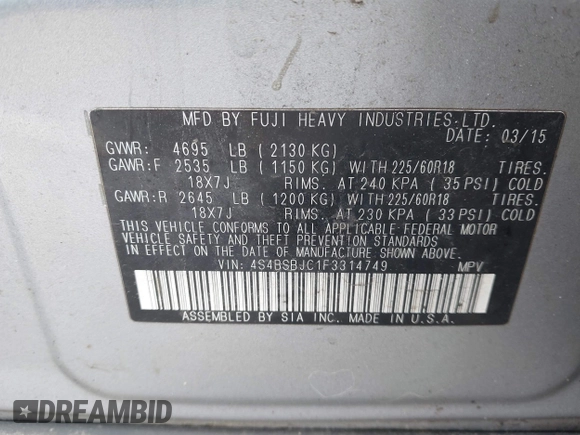 2015 Subaru Outback Limited with VIN 4S4BSBJC1F3314749, listed as a IAAI auction lot 41826080 with 148,575 mi miles and . Bid and sale history available at DreamBid. Image 9.
