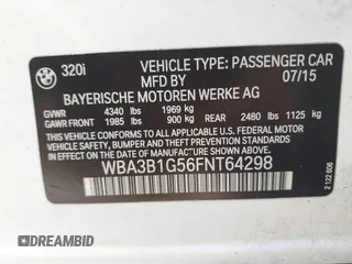 2015 BMW 3 Series 320i with VIN WBA3B1G56FNT64298, listed as a IAAI auction lot 41695116 with 125,926 mi miles. Bid and sale history available at carsss.com. Image 9.