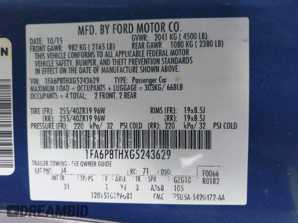 2016 Ford Mustang EcoBoost with VIN 1FA6P8THXG5243629, listed as a IAAI auction lot 41484408 with 95,222 mi miles. Bid and sale history available at carsss.com. Image 9.