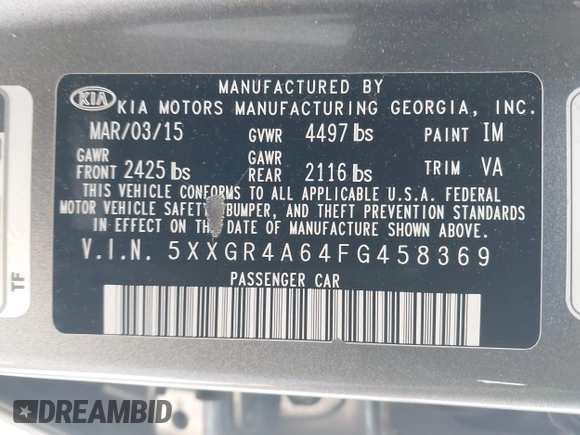 2015 Kia Optima SXL Turbo with VIN 5XXGR4A64FG458369, listed as a IAAI auction lot 42054396 with 143,750 mi miles and . Bid and sale history available at DreamBid. Image 9.
