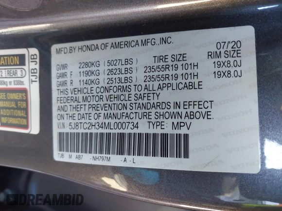 2021 Acura RDX with VIN 5J8TC2H34ML000734, listed as a IAAI auction lot 41448964 with 37,831 mi miles and . Bid and sale history available at DreamBid. Image 9.