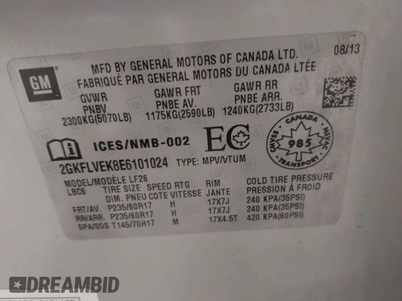 2014 GMC Terrain SLE with VIN 2GKFLVEK8E6101024, listed as a IAAI auction lot 41429147 with 113,737 mi miles. Bid and sale history available at carsss.com. Image 9.