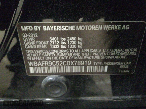 2012 BMW 5 Series 550i with VIN WBAFR9C52CDX78919, listed as a IAAI auction lot 38503862 with 120,200 mi miles and . Bid and sale history available at DreamBid. Image 11.