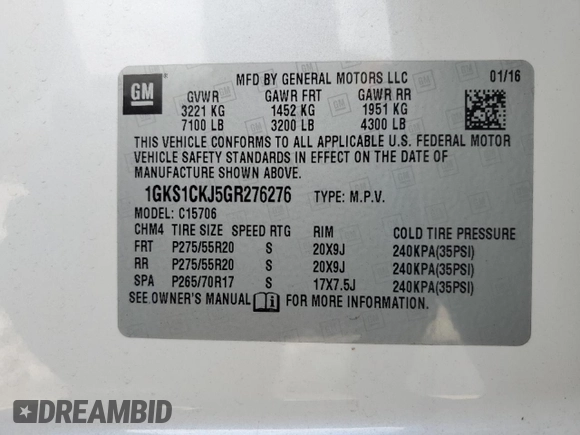 2016 GMC Yukon Denali with VIN 1GKS1CKJ5GR276276, listed as a Copart auction lot 68343954 with Not Provided miles and Salvage Title. Bid and sale history available at DreamBid. Image 15.