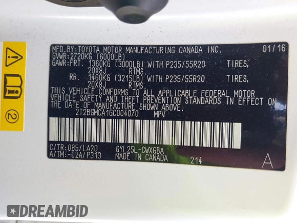 2016 Lexus RX 450h with VIN 2T2BGMCA1GC004070, listed as a IAAI auction lot 42086395 with 172,376 mi miles and . Bid and sale history available at DreamBid. Image 9.