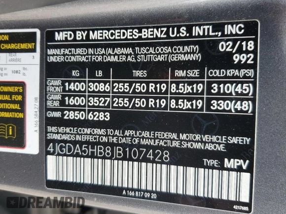 2018 Mercedes-Benz GLE 350 with VIN 4JGDA5HB8JB107428, listed as a Copart auction lot 55230145 with 110,000 mi miles and Salvage title. Bid and sale history available at DreamBid. Image 13.
