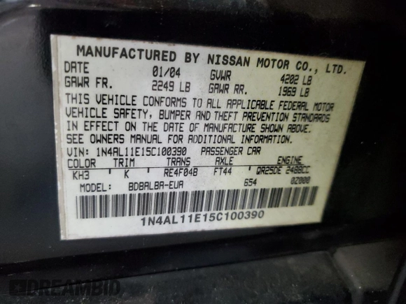 2005 Nissan Altima 2.5 z VIN 1N4AL11E15C100390, wystawiony jako Copart lot #59293435 z przebiegiem 172 157 mil mil oraz Szkoda całkowita • Salvage title. Historia ofert i sprzedaży dostępna na DreamBid. Obrazek 12.