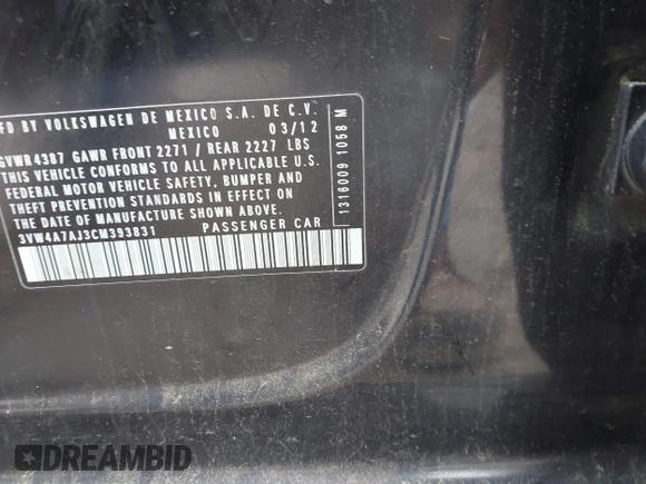 2012 Volkswagen Jetta GLI Autobahn with VIN 3VW4A7AJ3CM393831, listed as a IAAI auction lot 42292910 with 162,611 mi miles and . Bid and sale history available at DreamBid. Image 9.