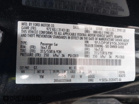2016 Ford Focus SE with VIN 1FADP3F21GL305027, listed as a IAAI auction lot 41930646 with 106,127 mi miles and . Bid and sale history available at DreamBid. Image 9.
