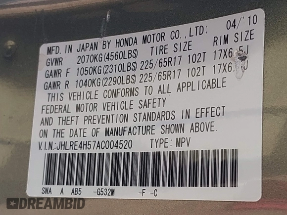 2010 Honda CR-V EX with VIN JHLRE4H57AC004520, listed as a IAAI auction lot 42077546 with 260,324 mi miles. Bid and sale history available at carsss.com. Image 9.