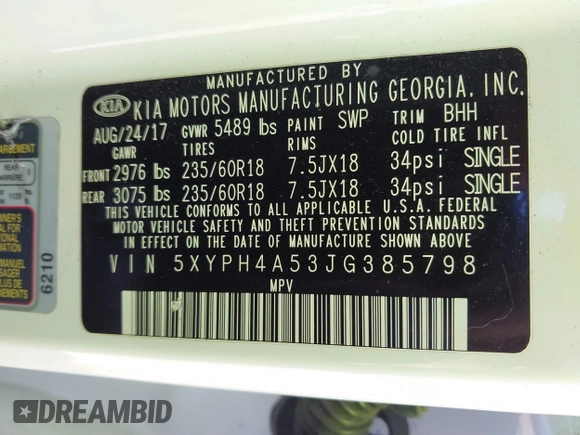 2018 Kia Sorento EX with VIN 5XYPH4A53JG385798, listed as a IAAI auction lot 41676746 with 65,936 mi miles and . Bid and sale history available at DreamBid. Image 9.