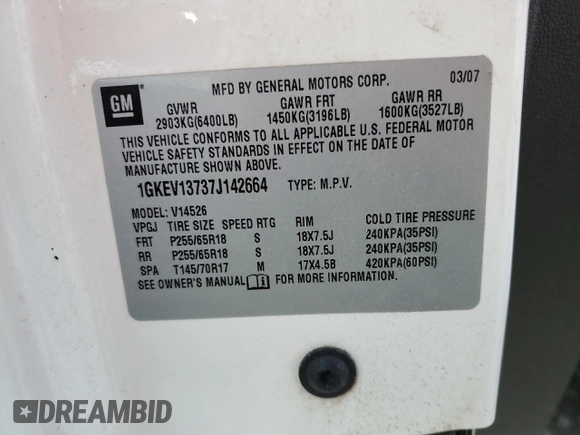 2007 GMC Acadia SLE z VIN 1GKEV13737J142664, wystawiony jako Copart lot #56377415 z przebiegiem 192 353 mil mil oraz Szkoda całkowita • Salvage title. Historia ofert i sprzedaży dostępna na DreamBid. Obrazek 13.