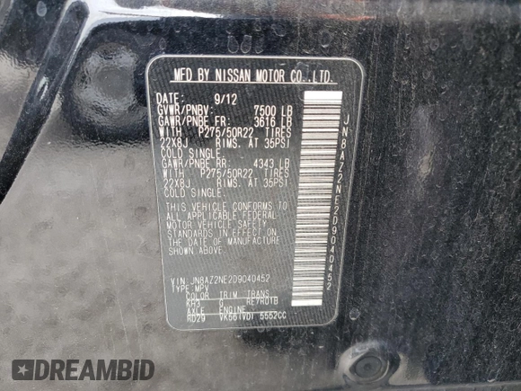 2013 Infiniti QX56 with VIN JN8AZ2NE2D9040452, listed as a Copart auction lot 55810675 with 219,713 mi miles and Clean Title. Bid and sale history available at DreamBid. Image 13.