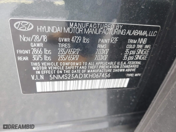 2019 Hyundai Santa Fe SE with VIN 5NMS23AD1KH067456, listed as a IAAI auction lot 41867362 with 105,236 mi miles. Bid and sale history available at carsss.com. Image 9.