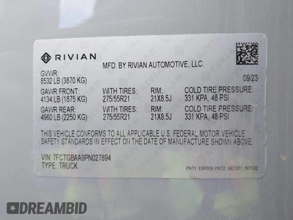 2023 Rivian R1T Adventure z VIN 7FCTGBAA9PN027894, wystawiony jako IAAI lot #42061339 z przebiegiem 5047 mil mil oraz . Historia ofert i sprzedaży dostępna na DreamBid. Obrazek 9.