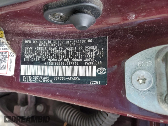 2006 Toyota Avalon XL z VIN 4T1BK36B16U137216, wystawiony jako Copart lot #88009545 z przebiegiem 204 876 mil mil oraz Szkoda całkowita • Salvage title. Historia ofert i sprzedaży dostępna na DreamBid. Obrazek 12.