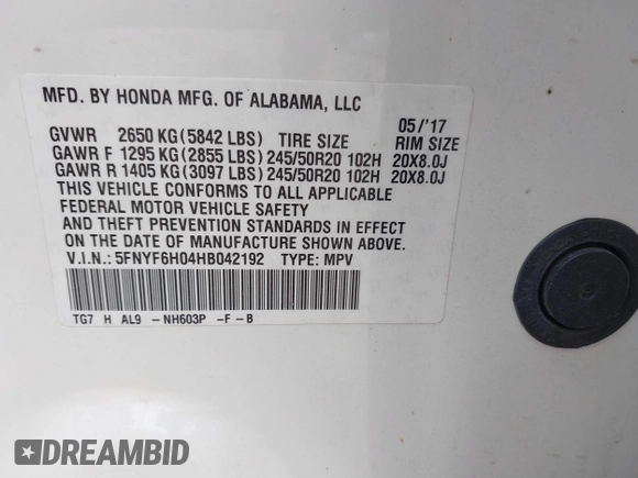 2017 Honda Pilot Elite with VIN 5FNYF6H04HB042192, listed as a IAAI auction lot 41780875 with 158,491 mi miles and . Bid and sale history available at DreamBid. Image 9.
