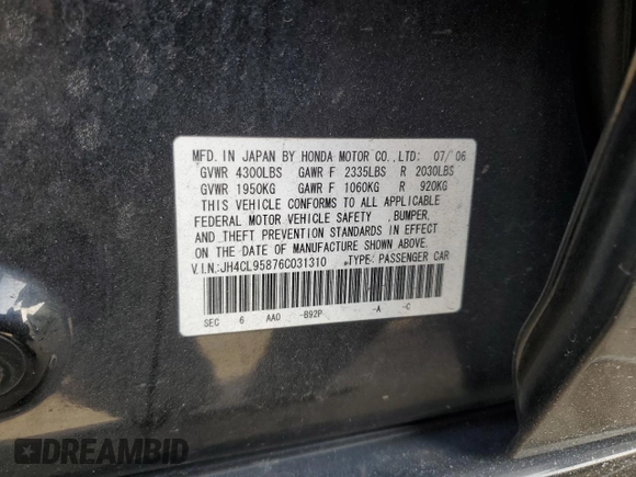 2006 Acura TSX с VIN JH4CL95876C031310, выставлен на аукционе Copart как лот 49102785 с пробегом Не указан миль и На запчасти • Non repairable. История ставок и продаж доступна на DreamBid. Изображение 13.