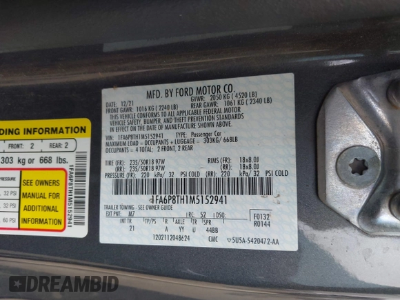 2021 Ford Mustang EcoBoost with VIN 1FA6P8TH1M5152941, listed as a IAAI auction lot 42110646 with 26,673 mi miles and . Bid and sale history available at DreamBid. Image 9.
