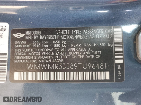 2009 MINI Convertible с VIN WMWMR33589TU96481, выставлен на аукционе Copart как лот 45398985 с пробегом 144 792 миль миль и Чистый • Clean title. История ставок и продаж доступна на DreamBid. Изображение 12.