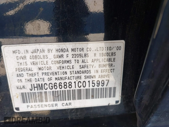 2001 Honda Accord EX z VIN JHMCG66881C015997, wystawiony jako IAAI lot #41902990 z przebiegiem Nie podano mil oraz . Historia ofert i sprzedaży dostępna na DreamBid. Obrazek 9.