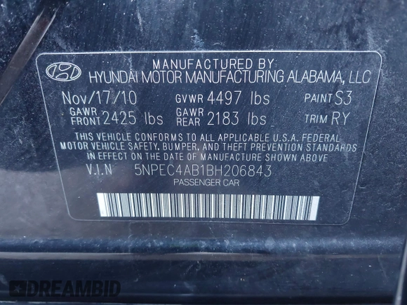 2011 Hyundai Sonata Limited with VIN 5NPEC4AB1BH206843, listed as a IAAI auction lot 41048283 with 204,457 mi miles and . Bid and sale history available at DreamBid. Image 9.