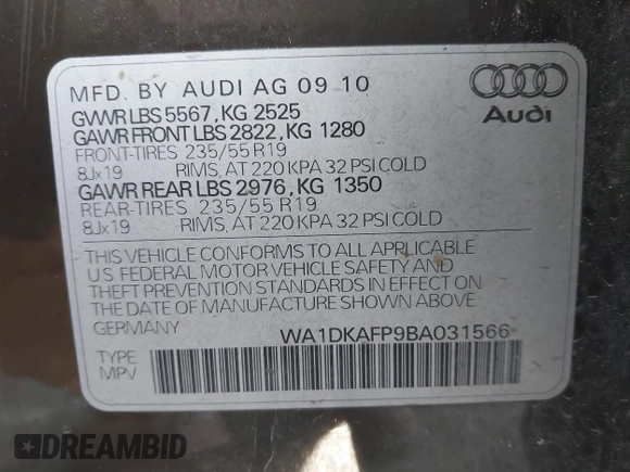 2011 Audi Q5 3.2L Premium Plus with VIN WA1DKAFP9BA031566, listed as a IAAI auction lot 41379022 with 148,942 mi miles. Bid and sale history available at carsss.com. Image 9.