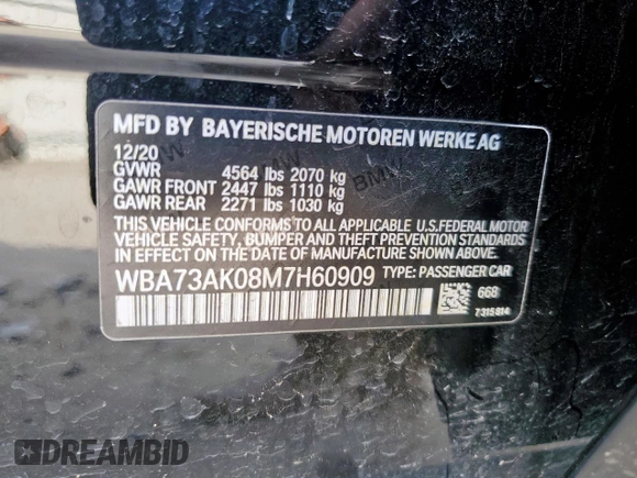 2021 BMW 2 Series 228i xDrive with VIN WBA73AK08M7H60909, listed as a Copart auction lot 59576345 with 46,602 mi miles and Salvage title. Bid and sale history available at DreamBid. Image 12.