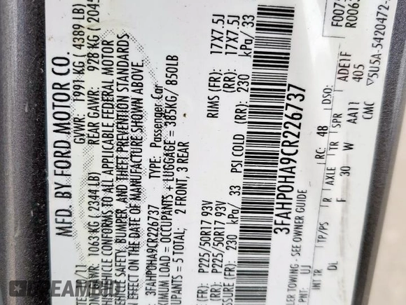 2012 Ford Fusion SE z VIN 3FAHP0HA9CR226737, wystawiony jako Copart lot #57229835 z przebiegiem 204 811 mil mil oraz Szkoda całkowita • Salvage title. Historia ofert i sprzedaży dostępna na DreamBid. Obrazek 12.