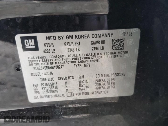 2017 Buick Encore Preferred с VIN KL4CJASB5HB100247, выставлен на аукционе Copart как лот 57434845 с пробегом 88 320 миль миль и Списание • Salvage title. История ставок и продаж доступна на DreamBid. Изображение 13.