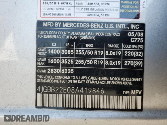2008 Mercedes-Benz M 320 CDI с VIN 4JGBB22E08A419846, выставлен на аукционе Copart как лот 62056845 с пробегом 182 929 миль миль и Чистый • Clean title. История ставок и продаж доступна на DreamBid. Изображение 13.